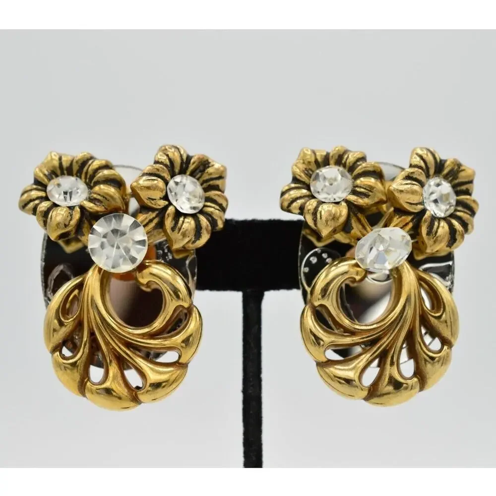 Vintage Clip On Earrings Rhinestone Crystal Mirrored Floral Chunky 1980s 9L